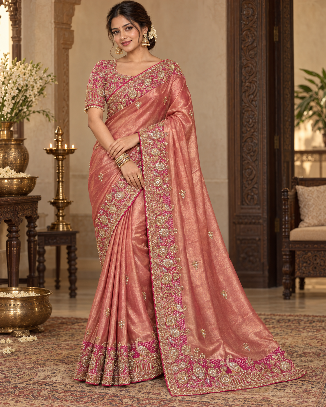 Peach Pink Embellished Saree