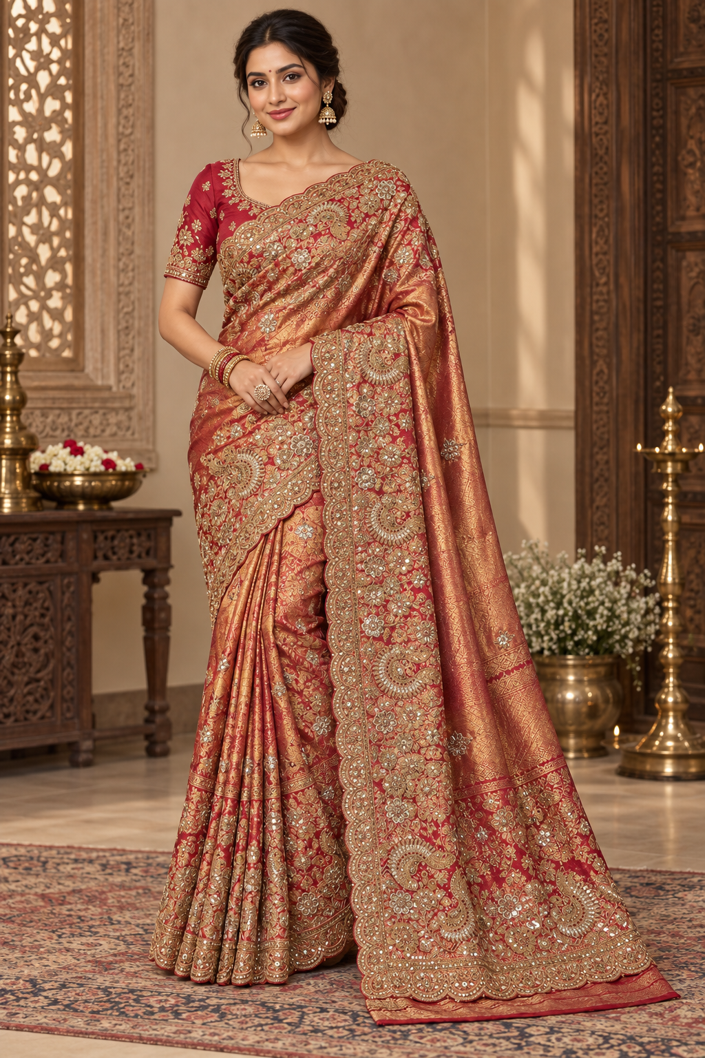 Rust Orange Embellished Saree