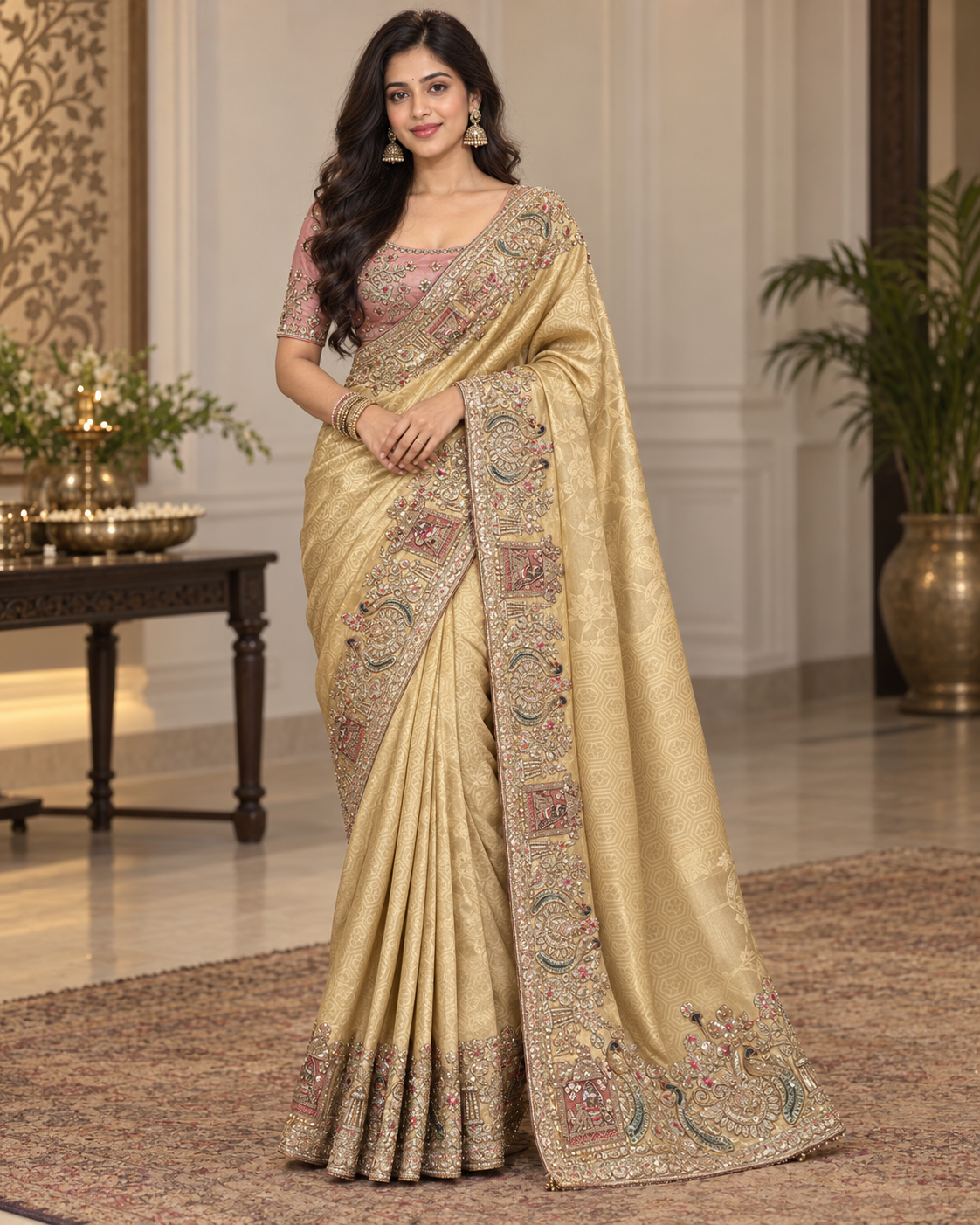 Golden Beige Multicoloured Embroidered Saree