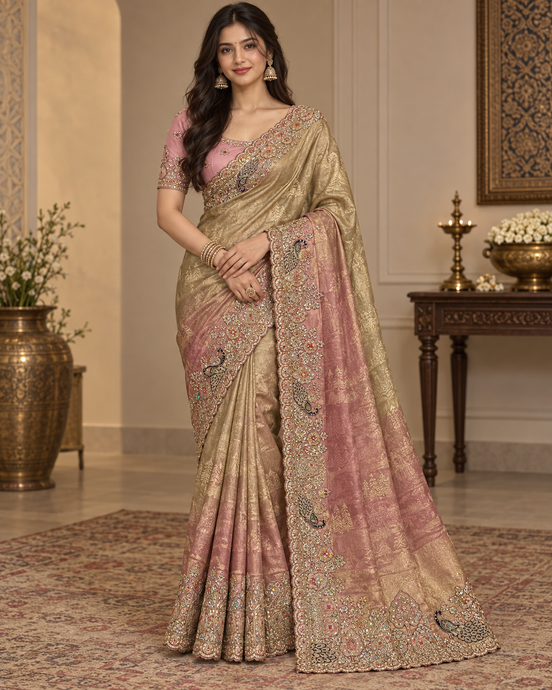 Soft Gold Pink Multicoloured Embroidered Saree