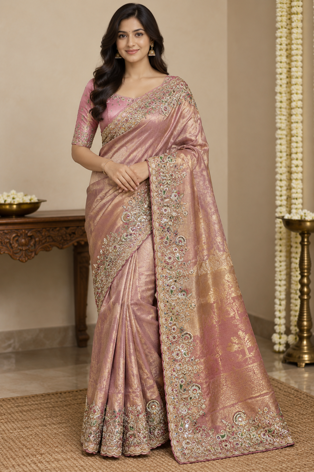 Dusty Rose Pink Multicoloured Embroidered Saree