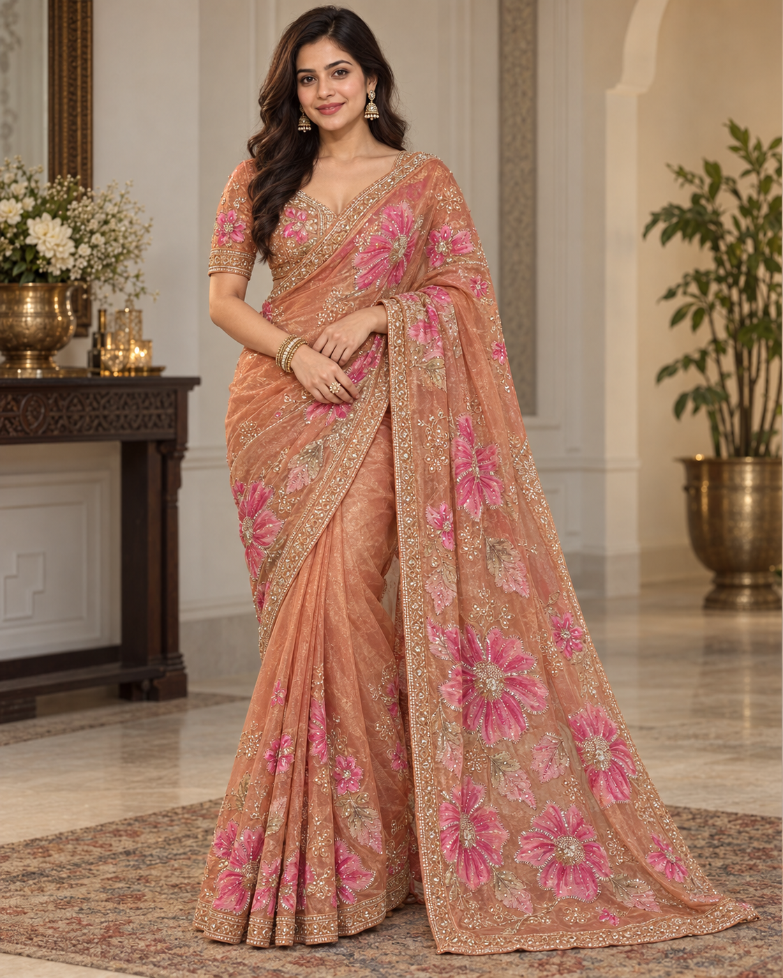 Peach Pink Floral Embroidered Saree