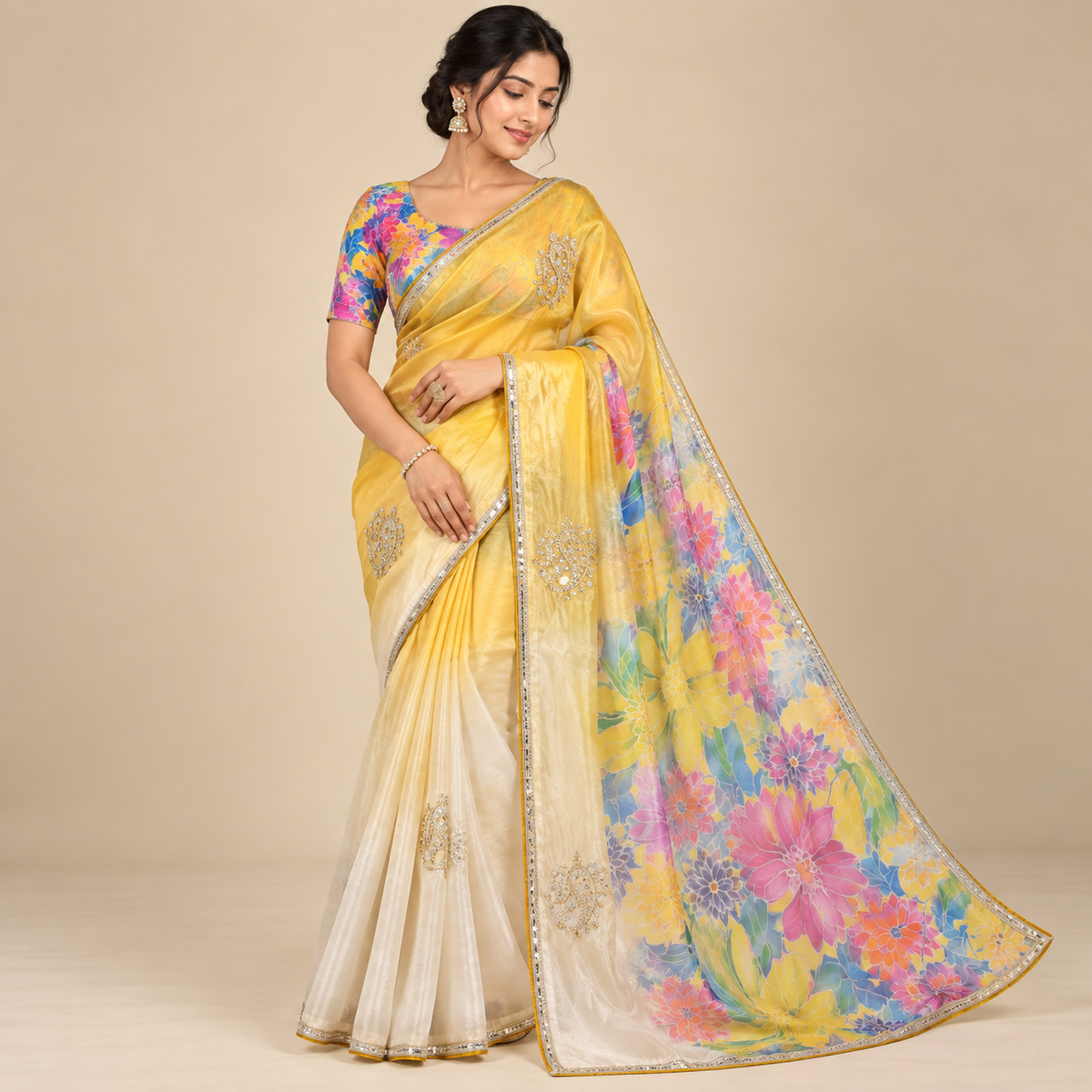 Yellow Soft Fabric Saree with Floral Print Pallu and Embroidered Border Main image