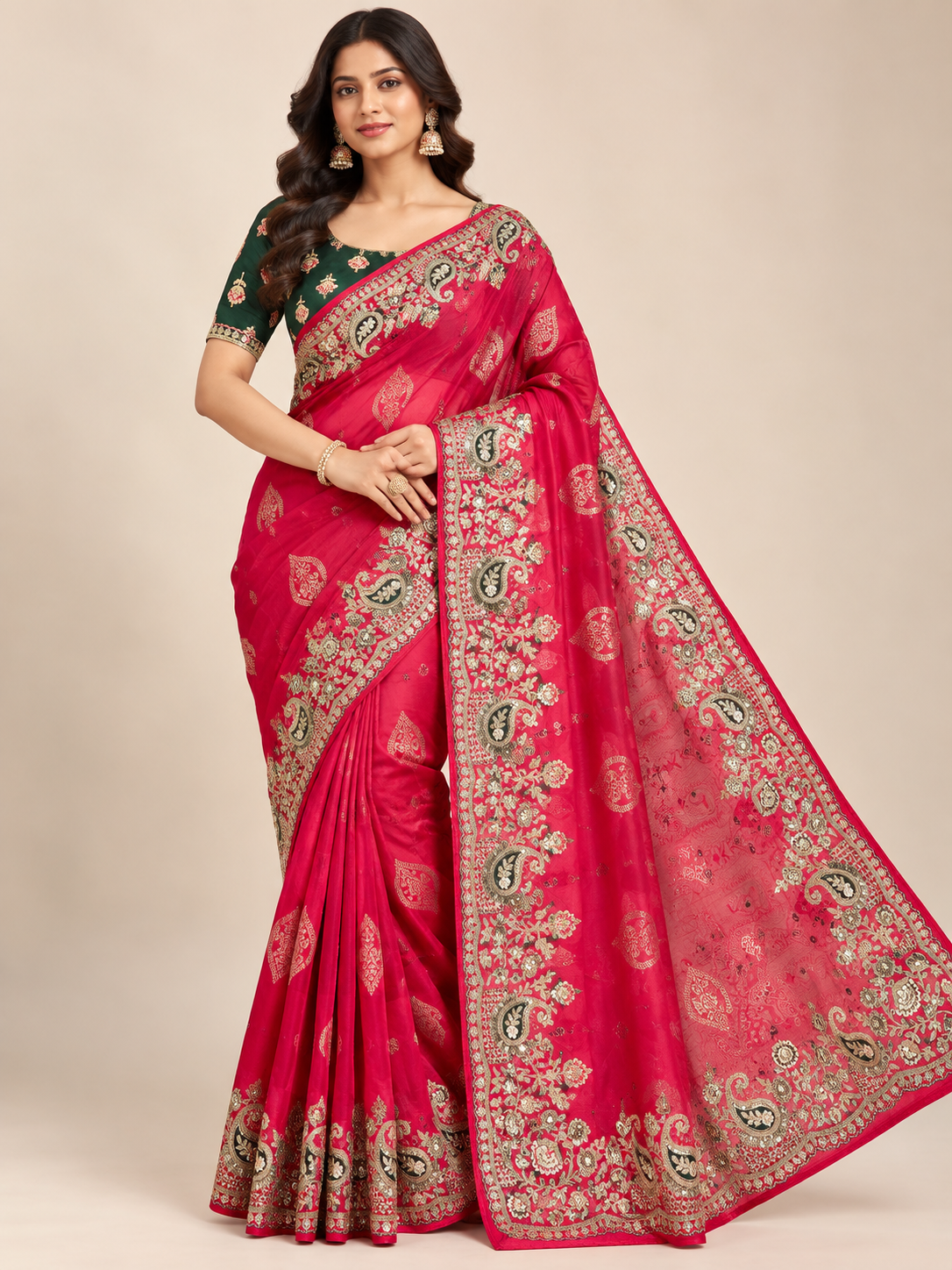 Red Soft Saree with Traditional Paisley Embroidery and Decorative Border