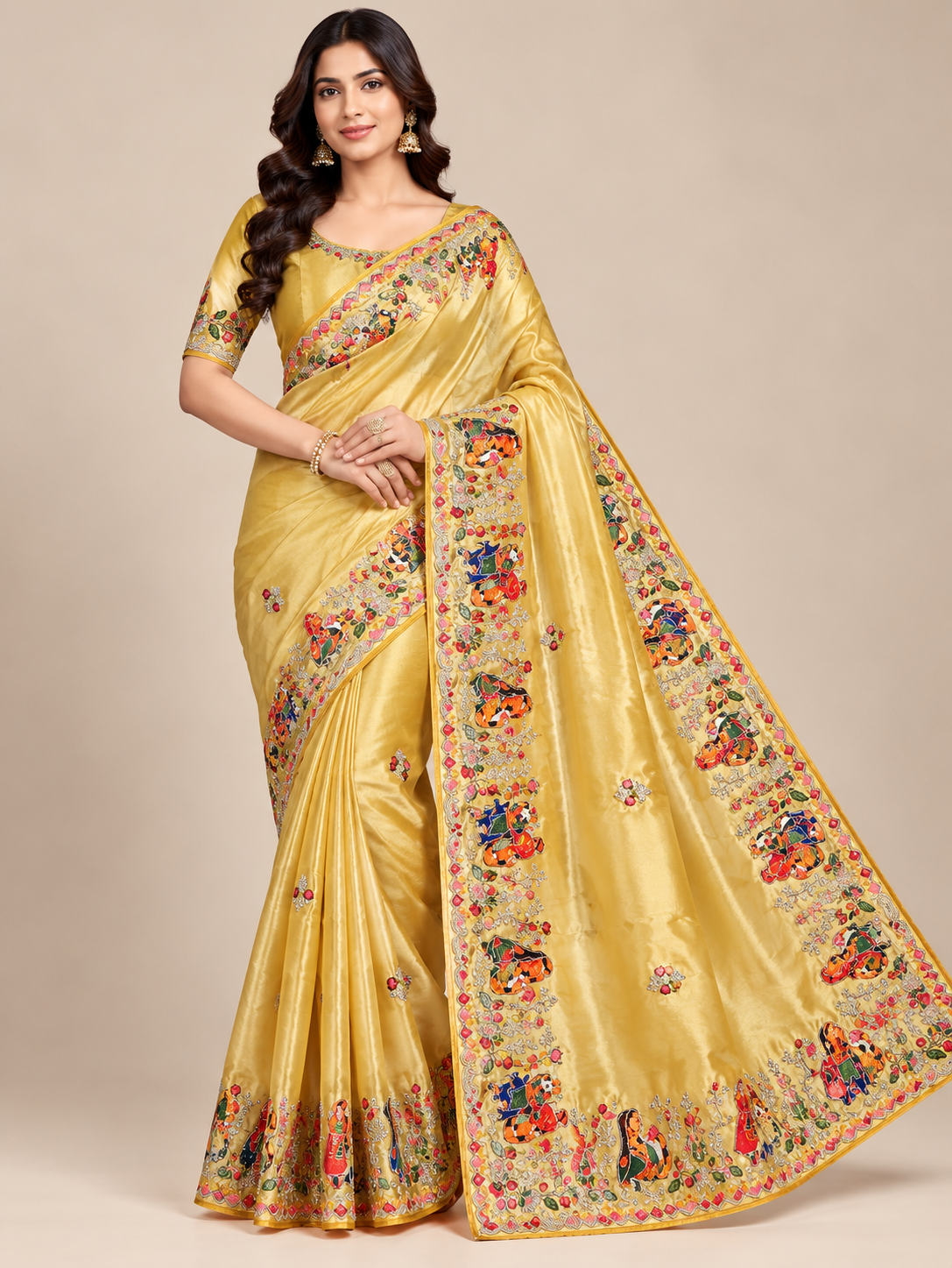 Yellow Soft Saree with Traditional Embroidery and Decorative Border