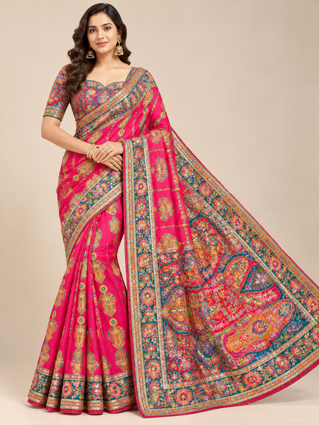 Pink Soft Saree with Traditional Floral and Paisley Designs