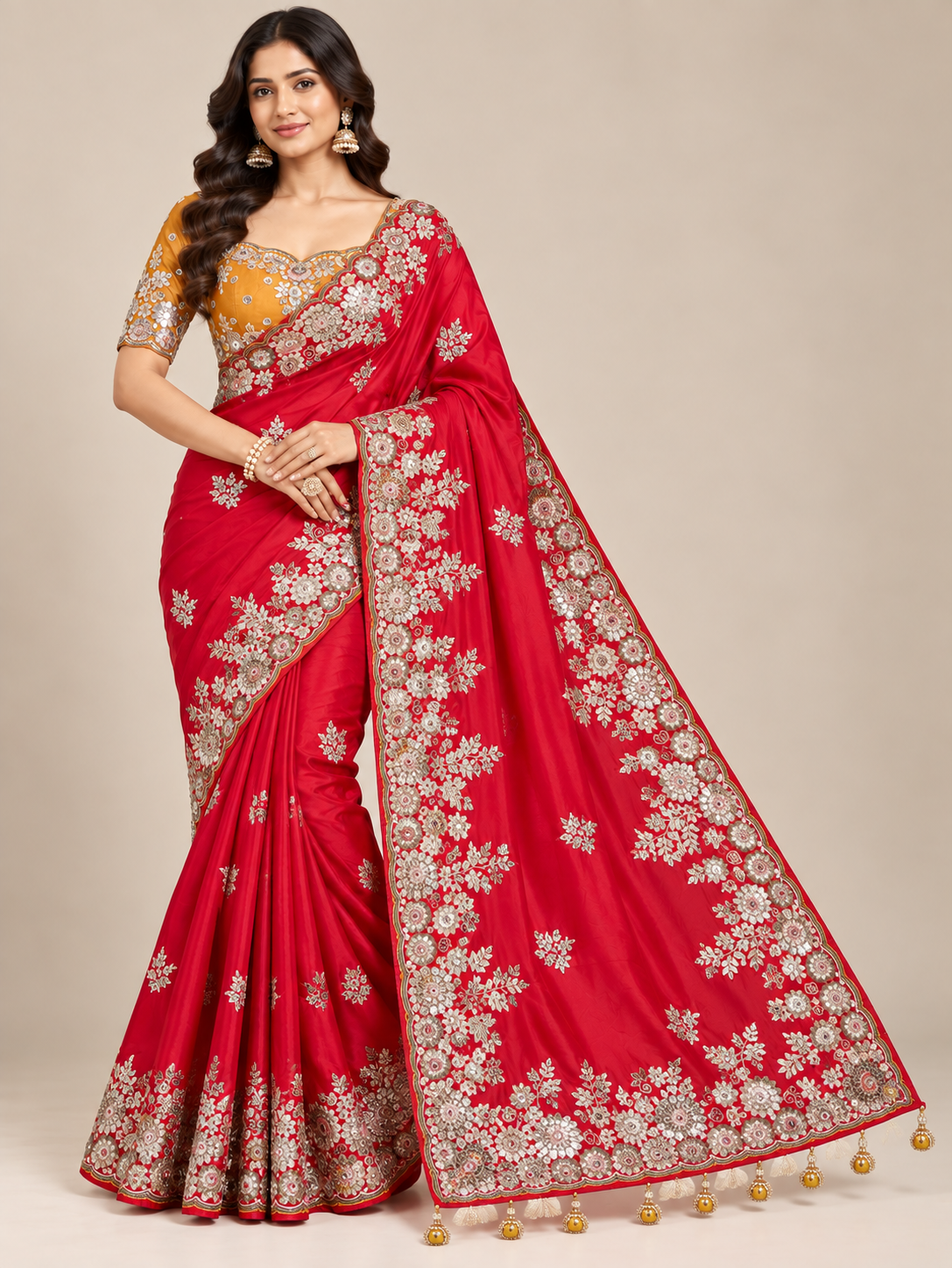 Red Soft Saree with Floral Embroidery and Decorative Tassel Pallu