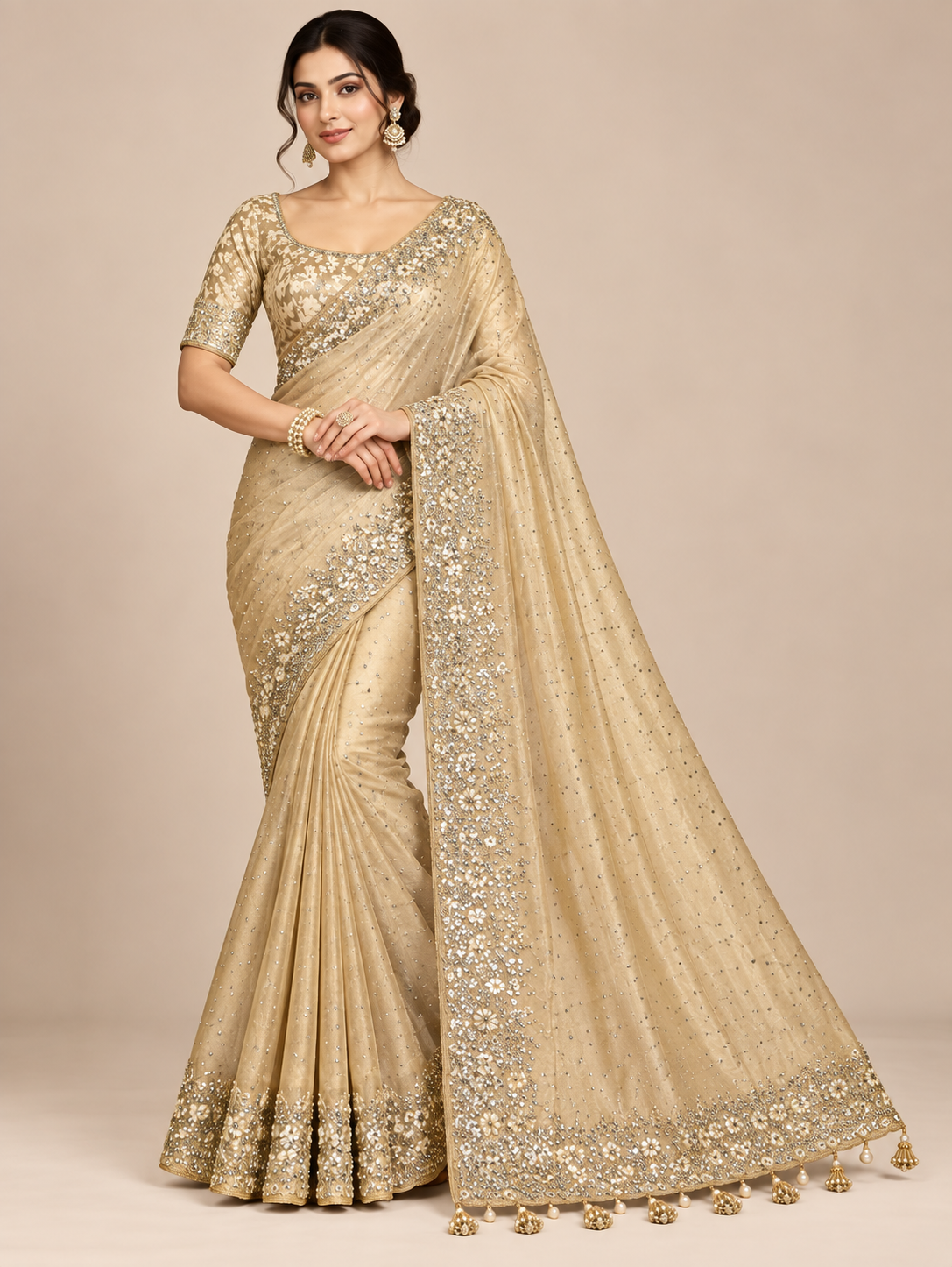 Elegant Chiku Soft Saree with Floral Embroidery