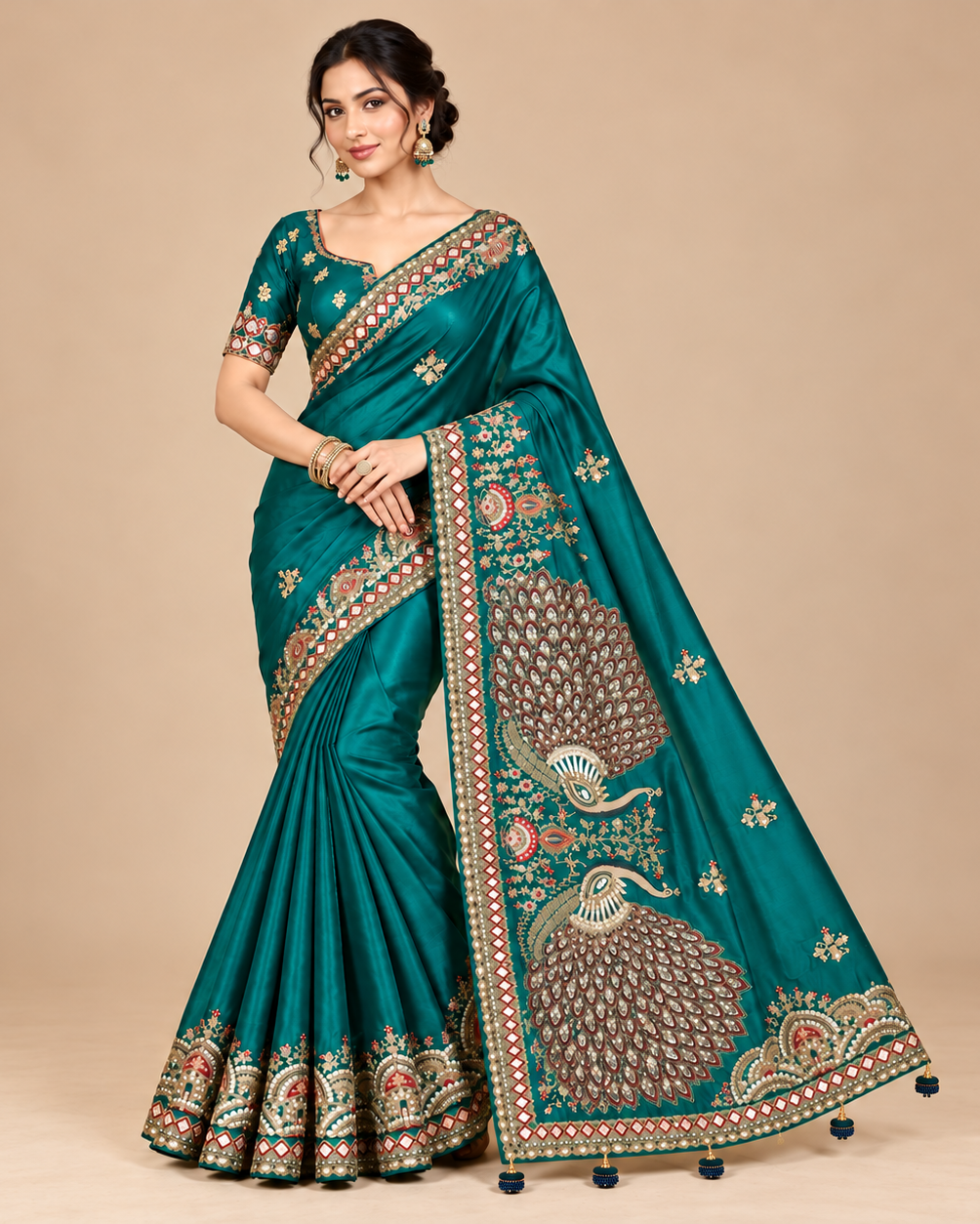 Firozi Soft Saree with Peacock Embroidery Main image