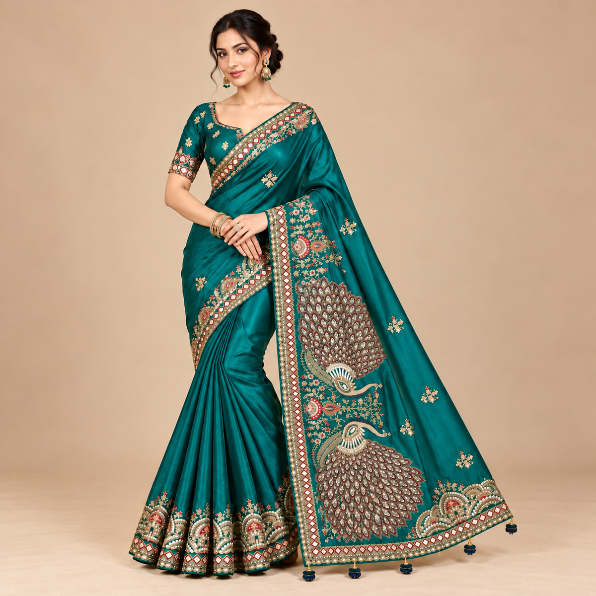 Firozi Soft Saree with Peacock Embroidery