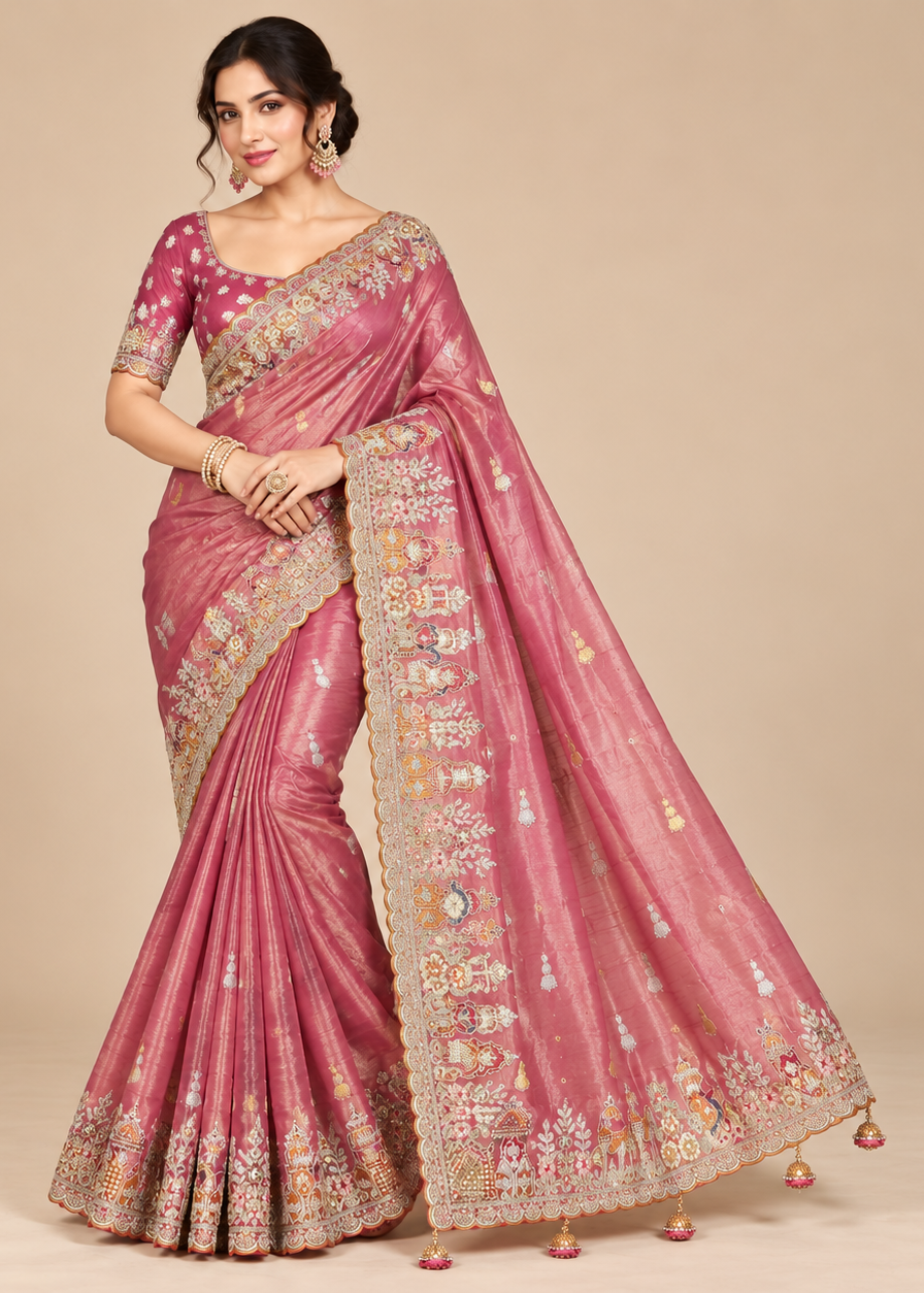 Pink Organza Saree with Intricate Floral Embroidery and Scalloped Border Main image