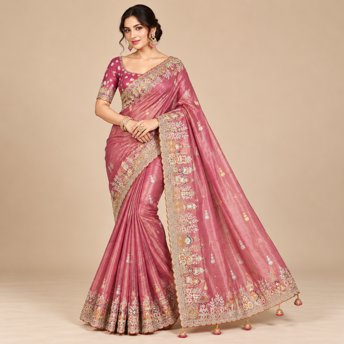 Pink Organza Saree with Intricate Floral Embroidery and Scalloped Border