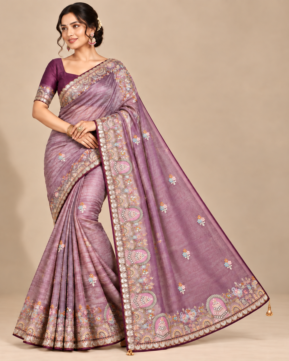 Royal Purple Organza Saree with Artistic Embroidery Main image