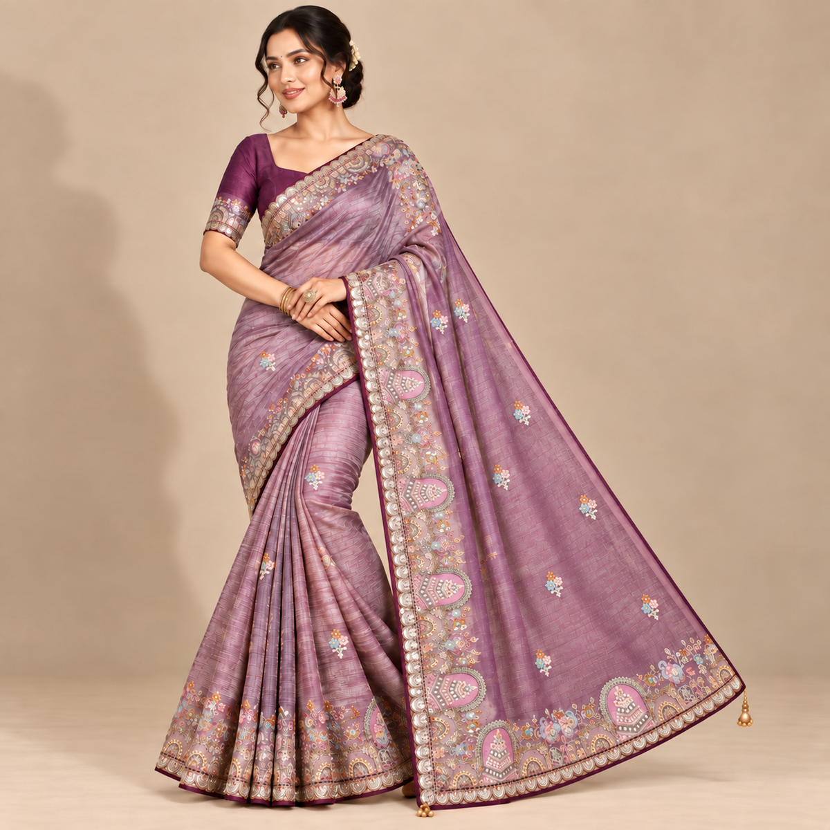 Royal Purple Organza Saree with Artistic Embroidery
