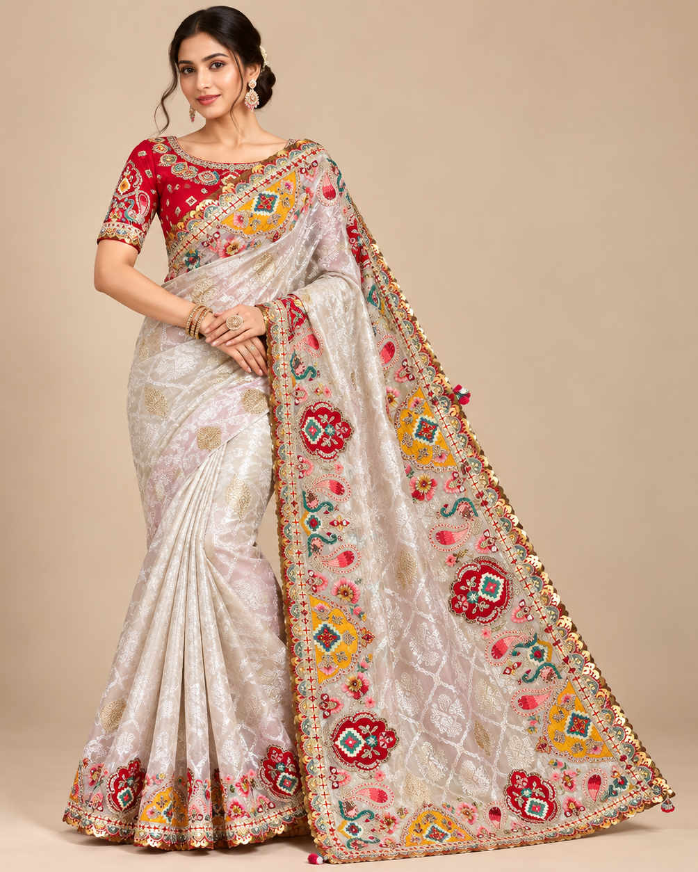 Ivory Soft Saree with Multicolour Floral Embroidery Main image