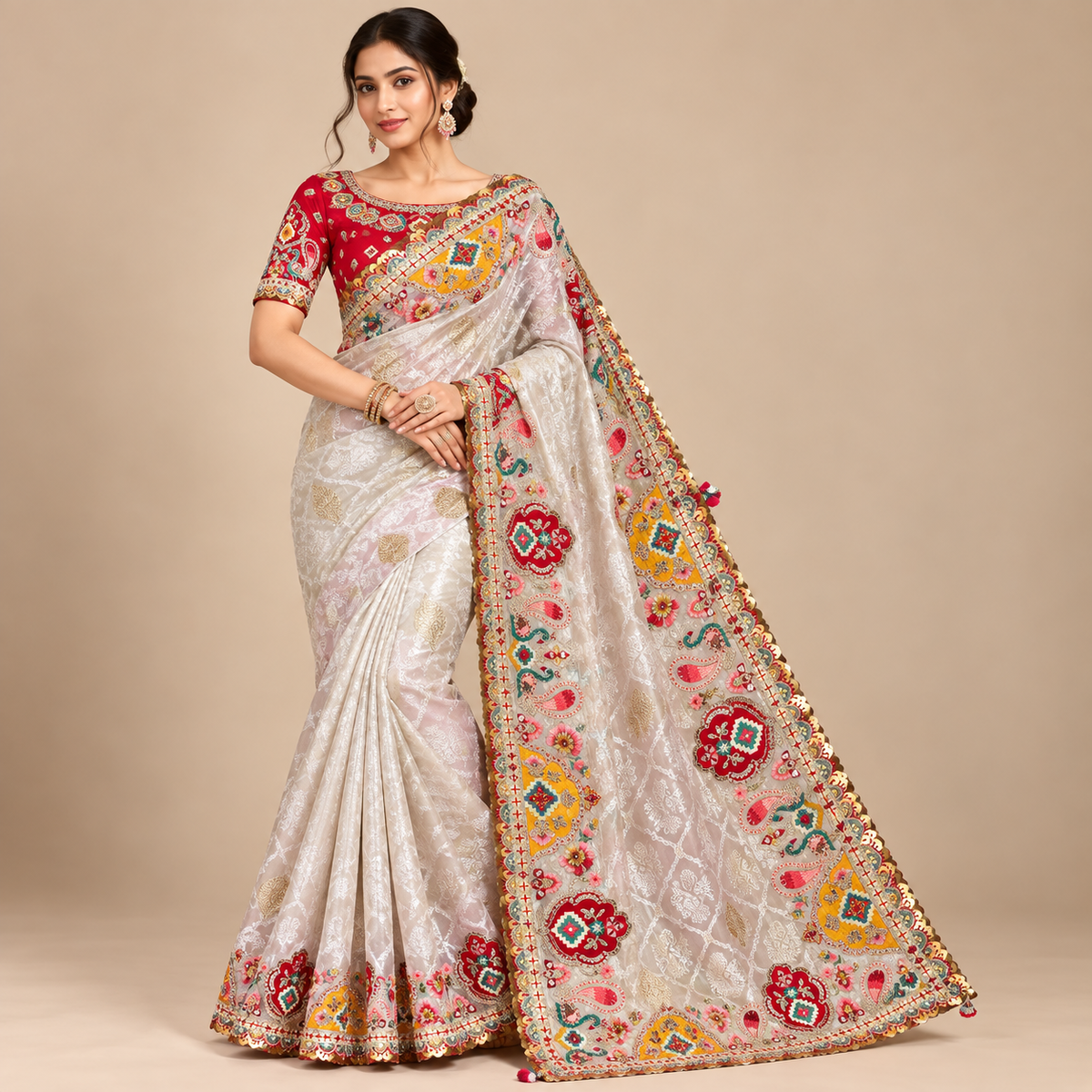 Ivory Soft Saree with Multicolour Floral Embroidery