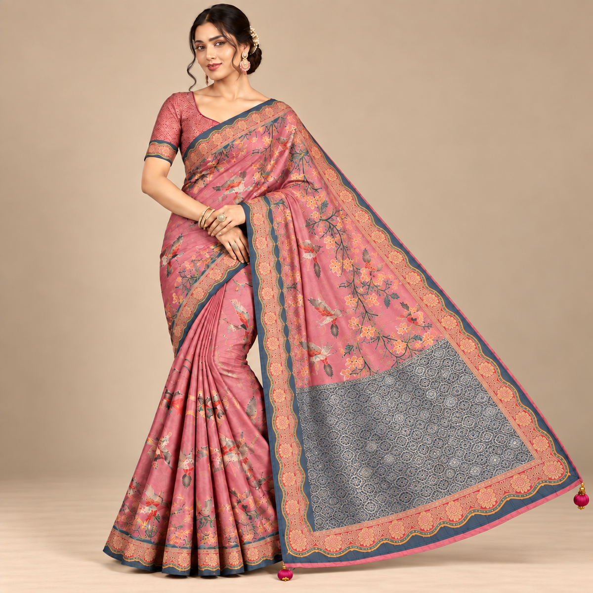 Elegant Pink Soft Saree with Floral Print and Designer Pallu
