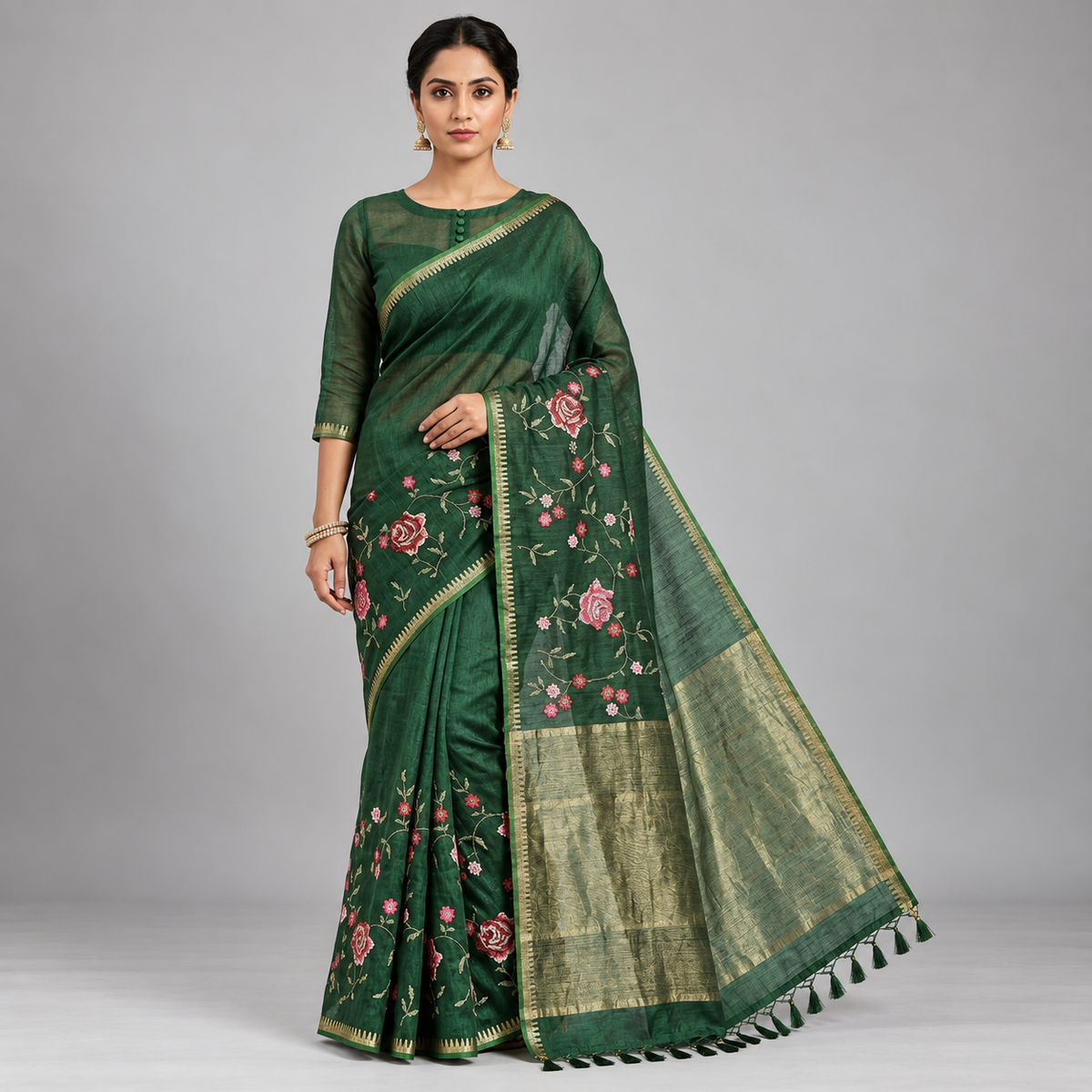 Green Handloom Saree with Floral Embroidery Main image