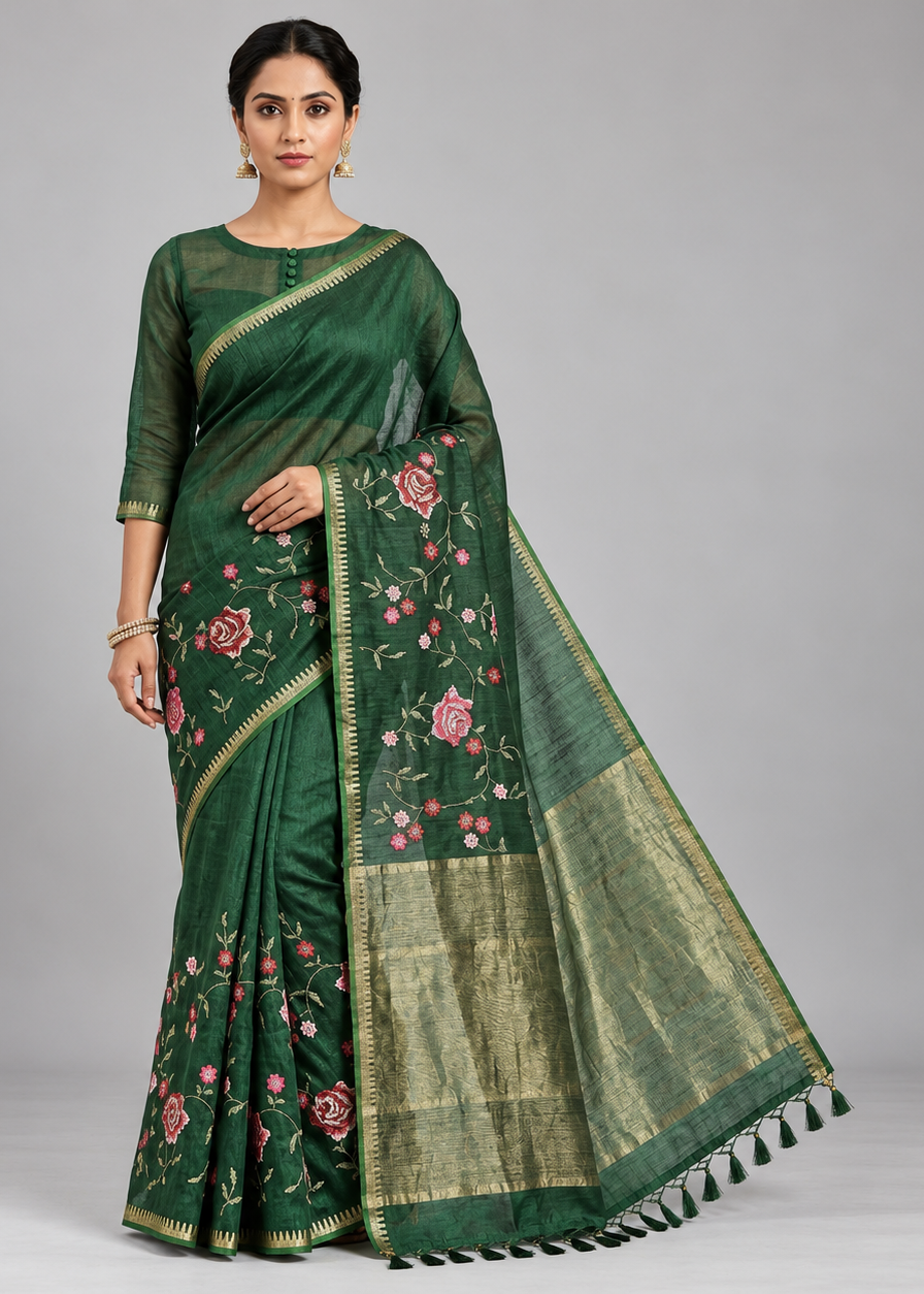 Green Handloom Saree with Floral Embroidery Main image