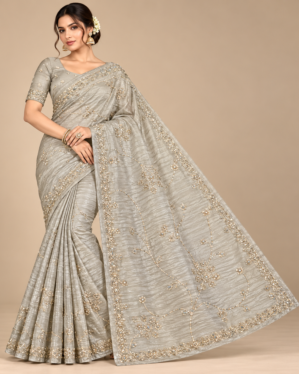 Silver Tissue Saree with Delicate Floral Embroidery Main image