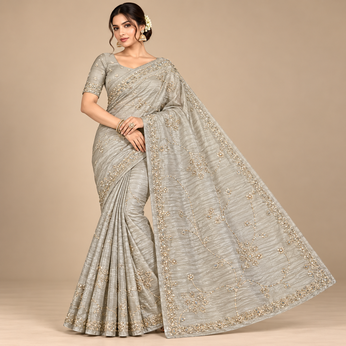 Silver Tissue Saree with Delicate Floral Embroidery