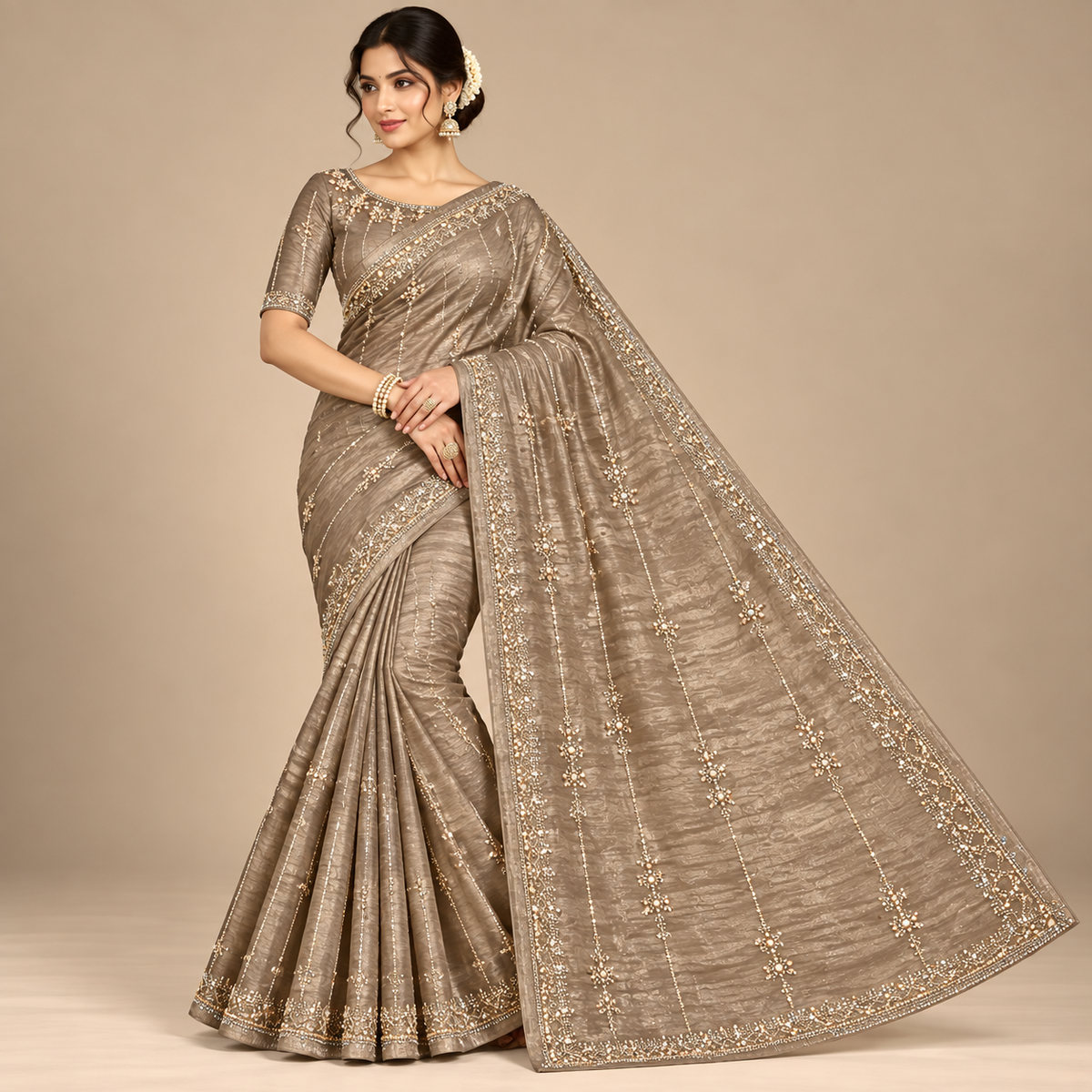 Champagne Tissue Saree with Golden Floral Embroidery Main image