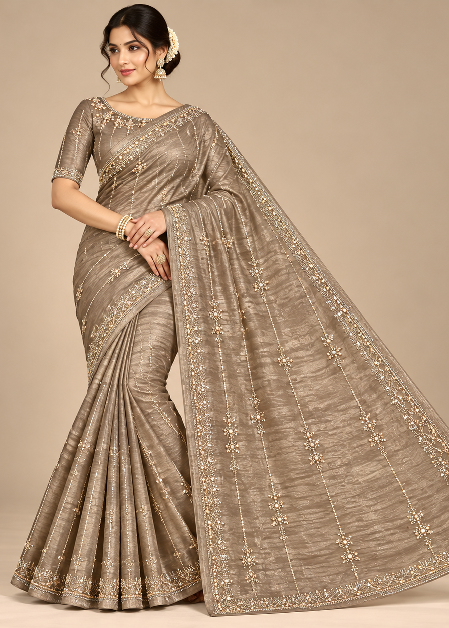 Champagne Tissue Saree with Golden Floral Embroidery Main image