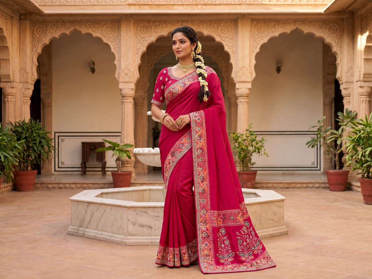 Coral Red Geometric Floral Embroidered Saree Main image