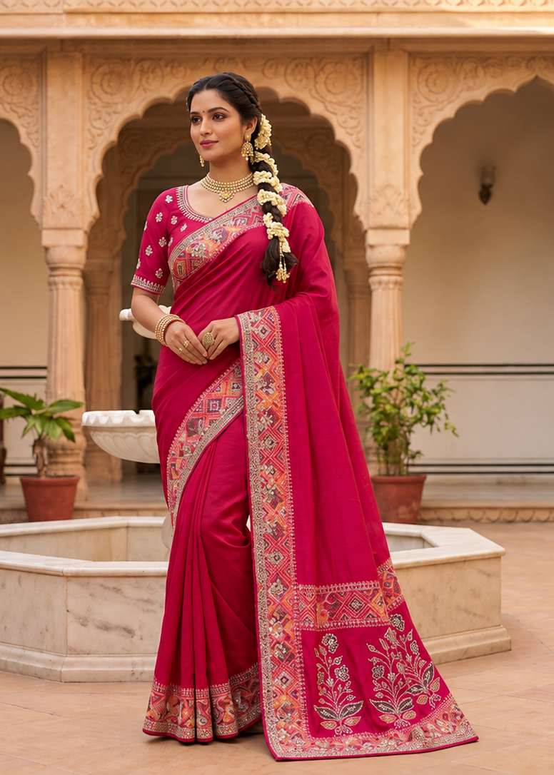 Coral Red Geometric Floral Embroidered Saree Main image