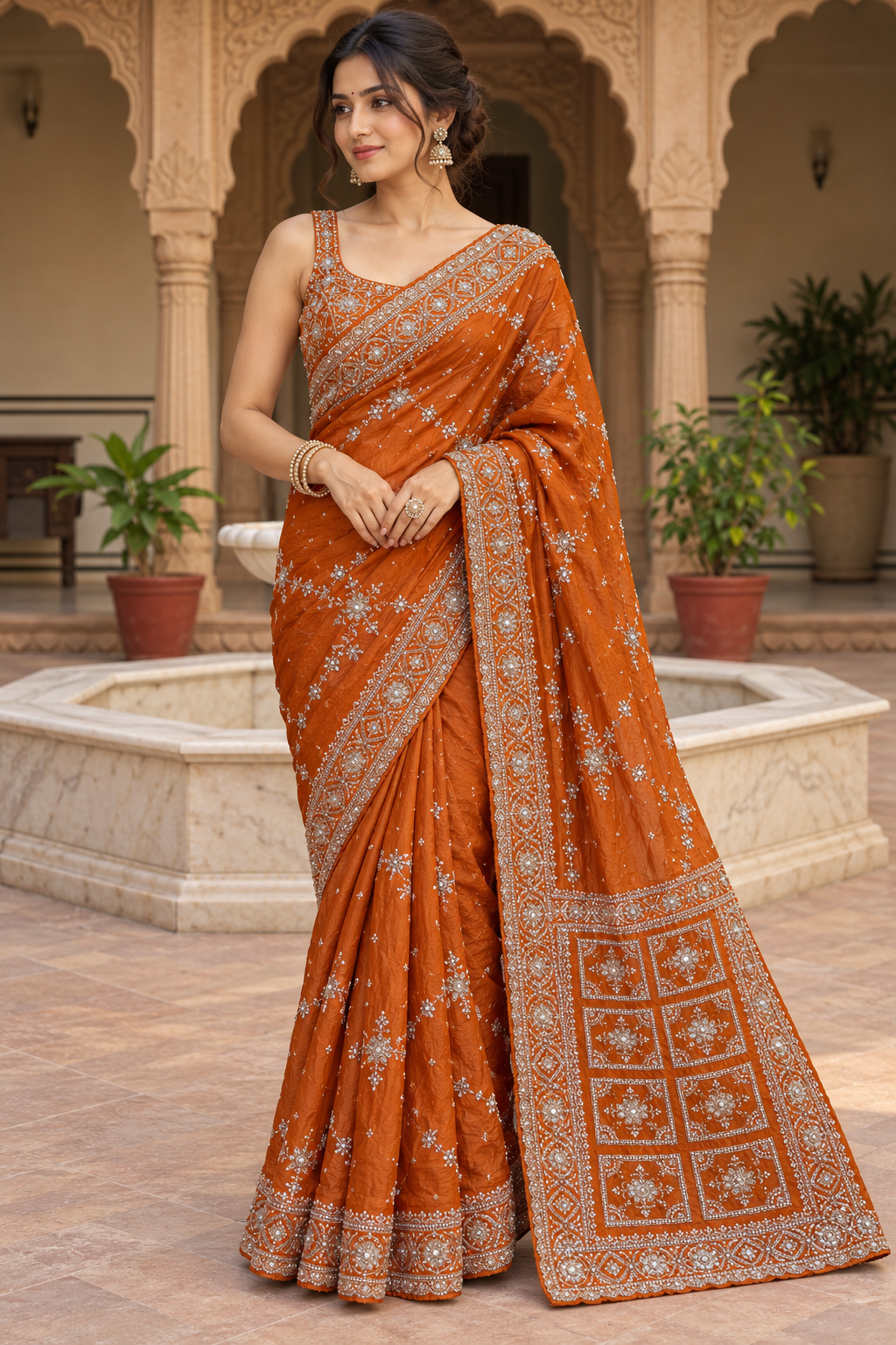 Burnt Orange Floral Embroidered Saree Main image