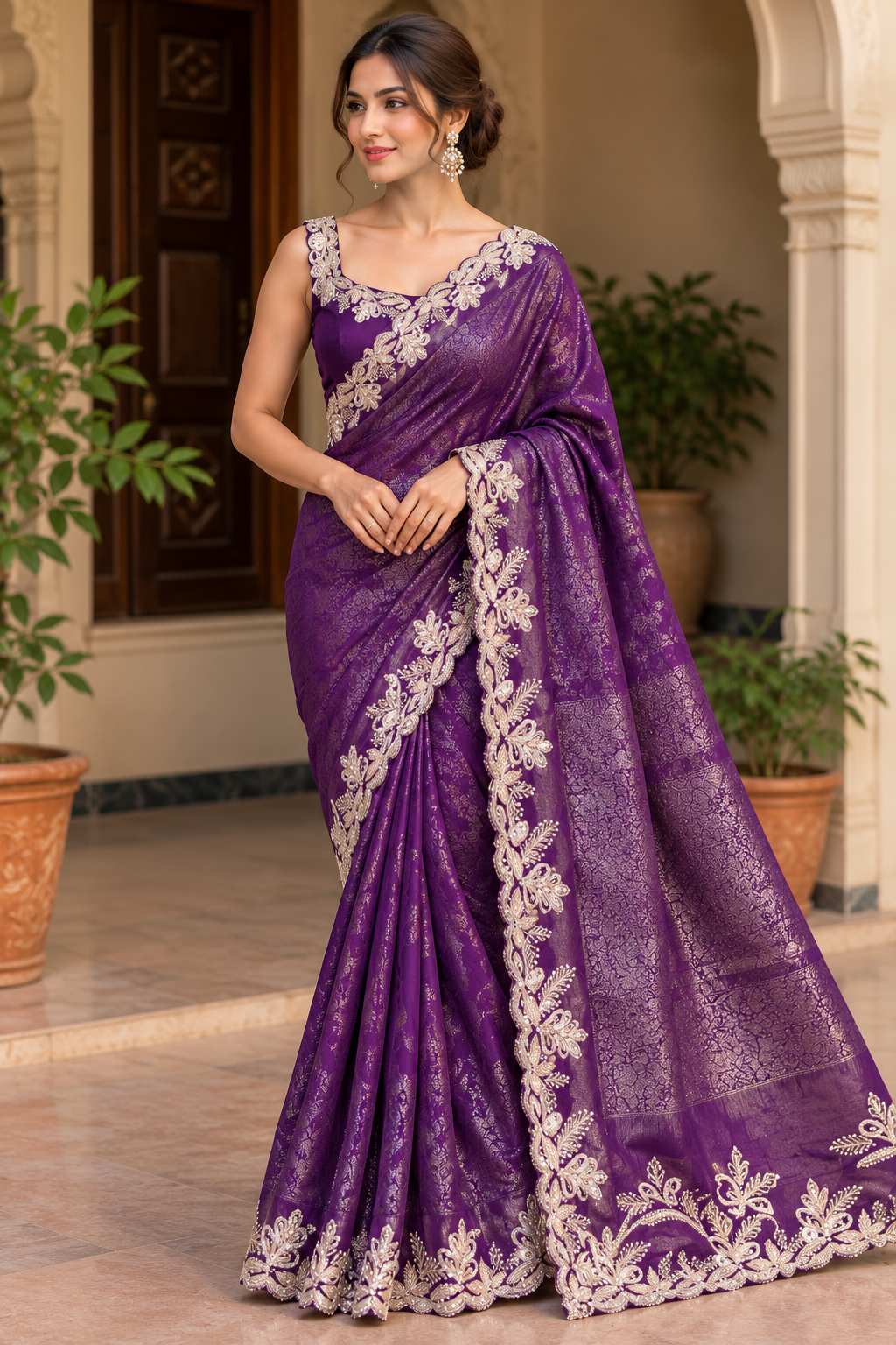 Purple Floral Embroidered Saree