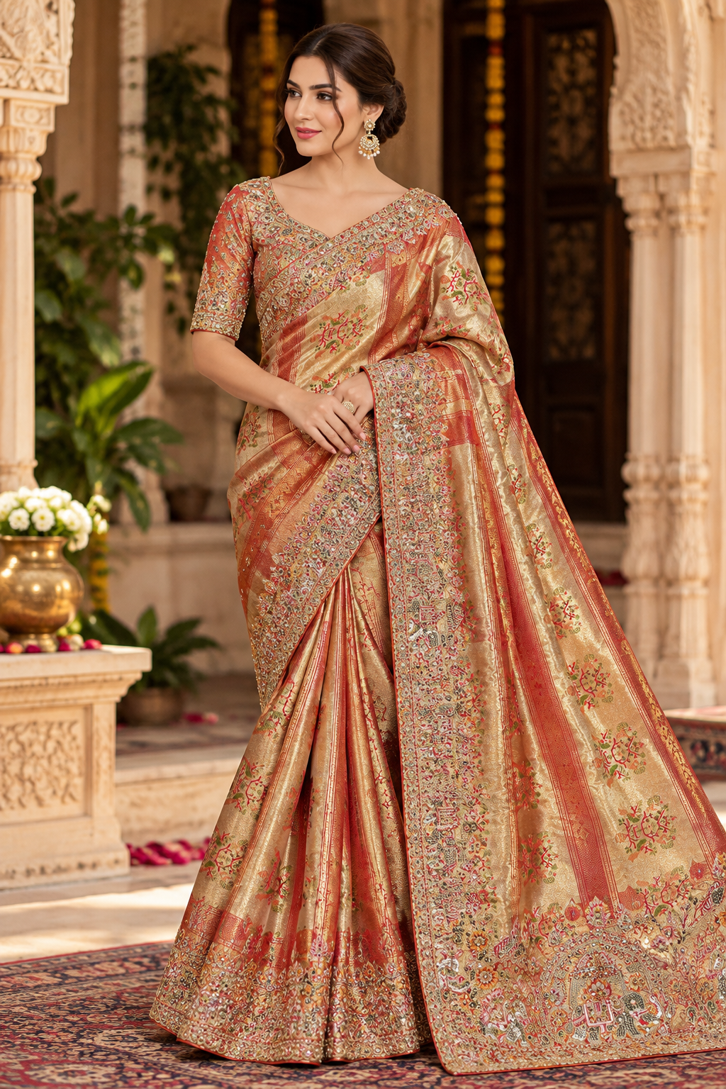 Peach Orange Floral Embroidered Saree