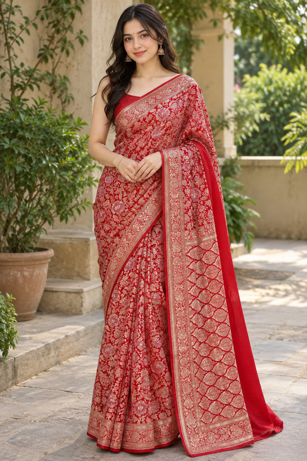 Coral Red Floral Printed Saree
