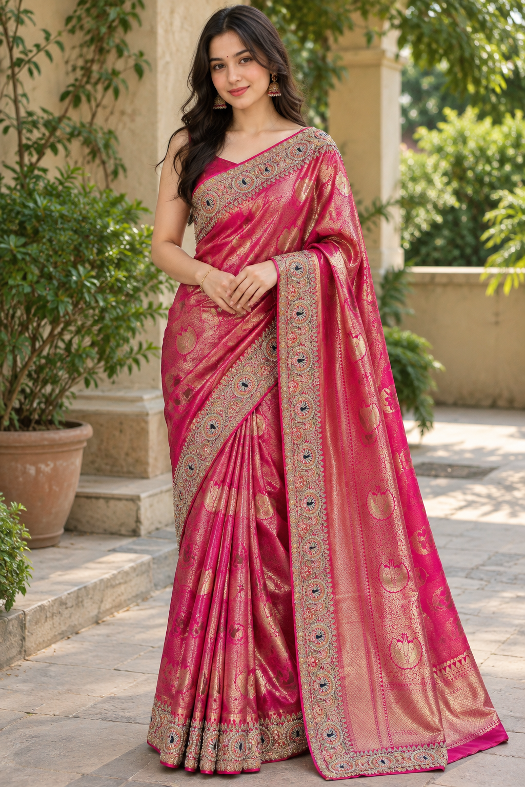 Coral Pink and Gold Embroidered Saree