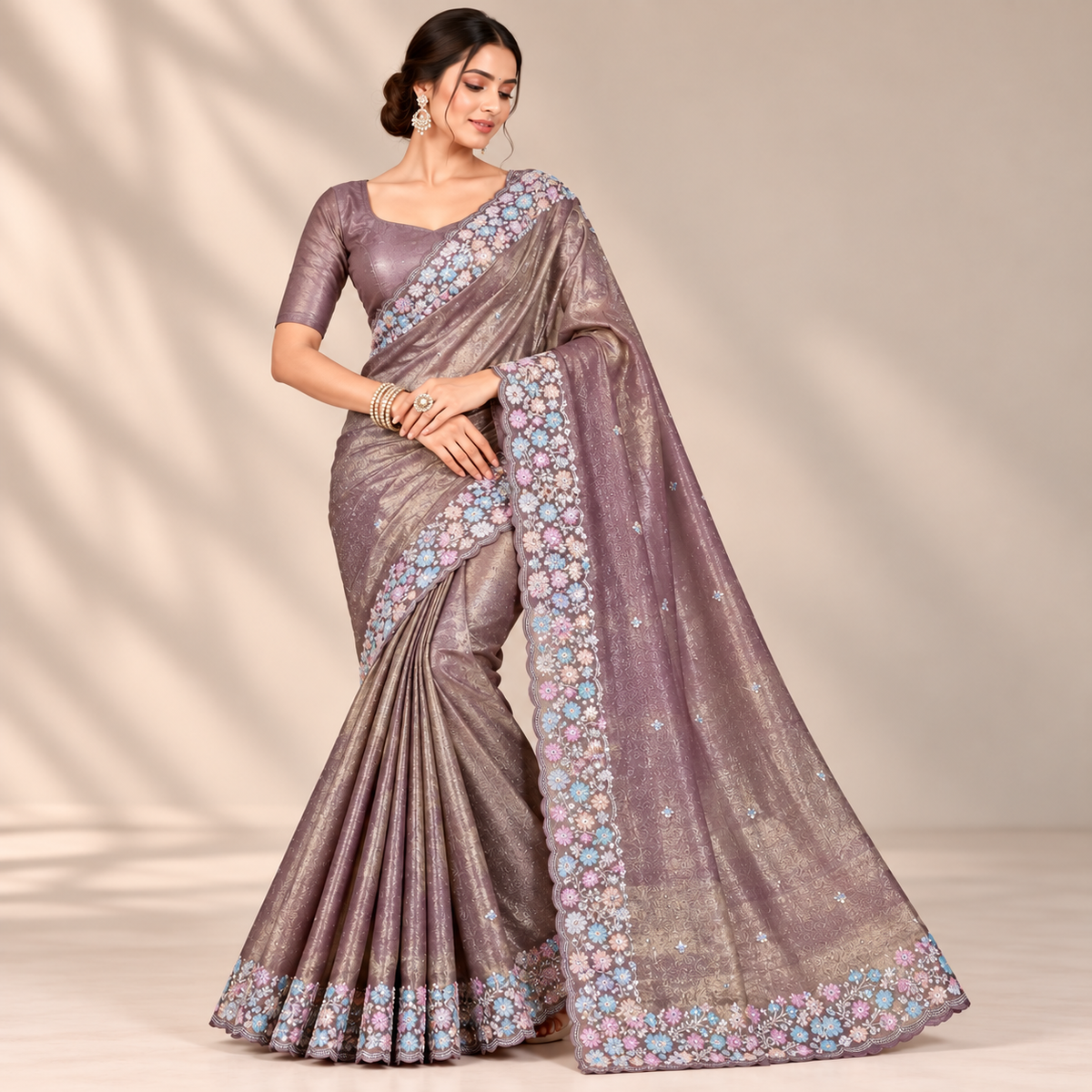 Mauve Organza Saree with Pastel Floral Embroidery and Scalloped Border