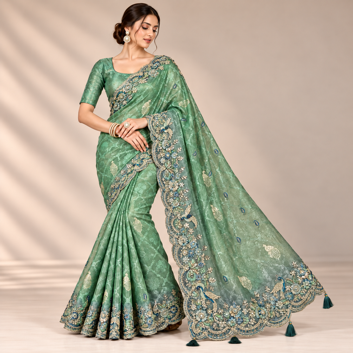 Green Silk Saree with Peacock Embroidery and Scalloped Border