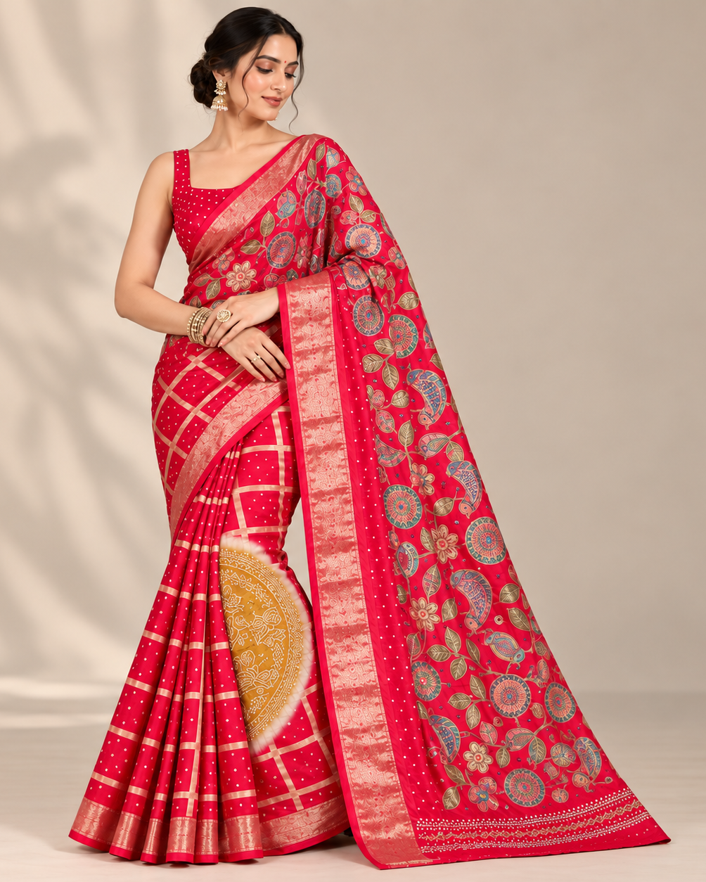 Rani Pink Soft Saree with Multicolour Floral Embroidery Main image
