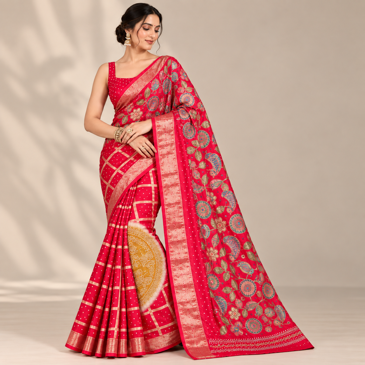 Rani Pink Soft Saree with Multicolour Floral Embroidery