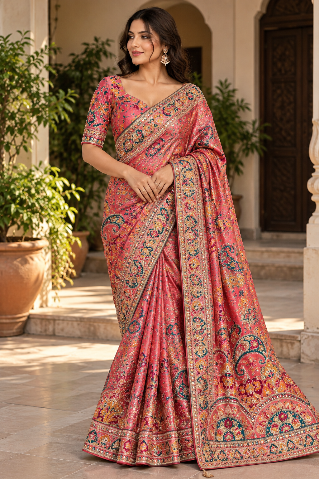 Coral Peach Floral Printed Saree