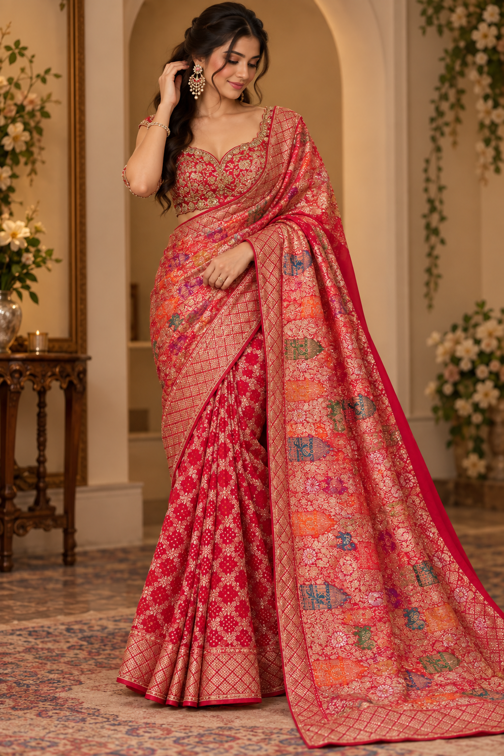 Coral Red Floral Printed Saree
