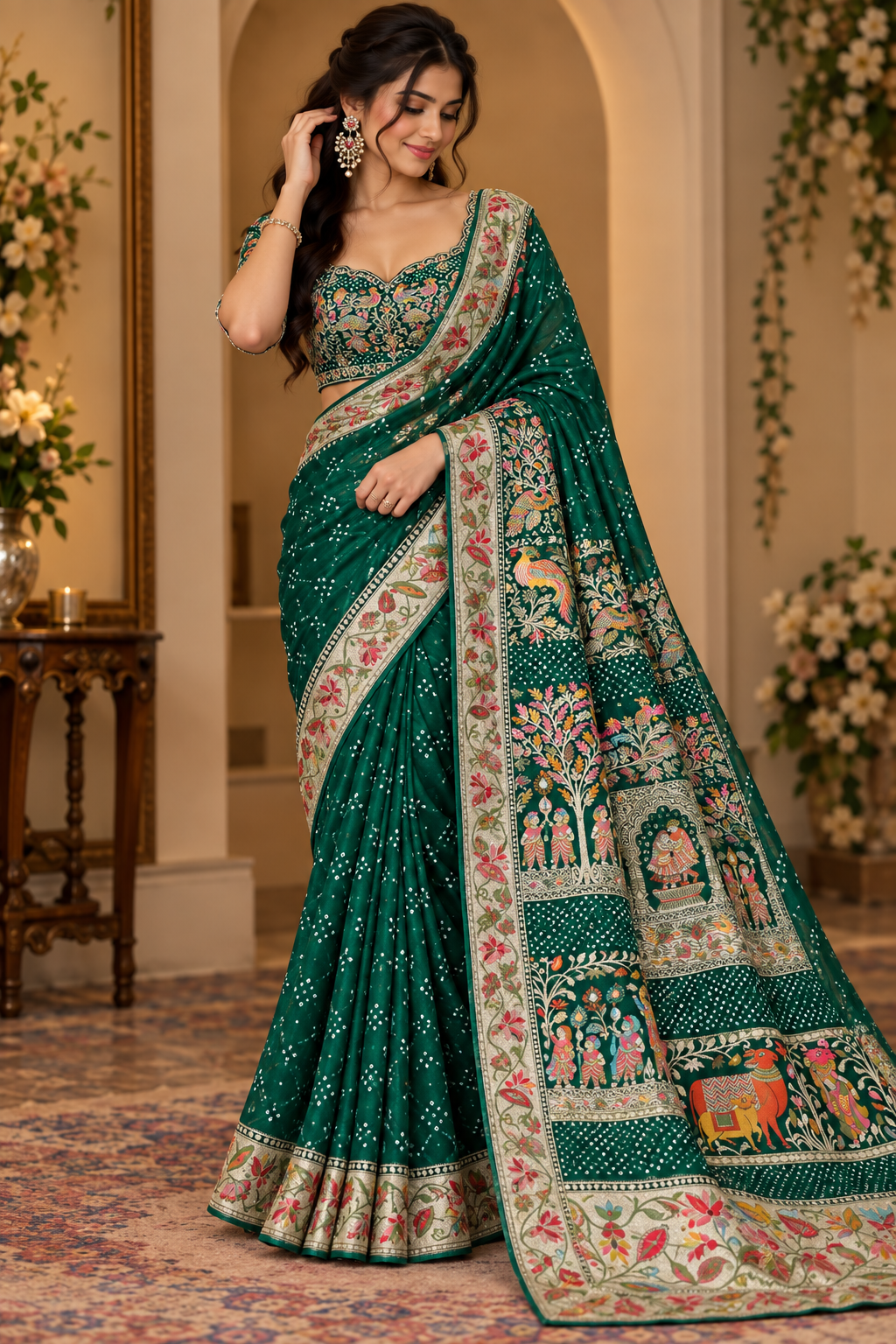 Teal Green Embroidered Printed Saree