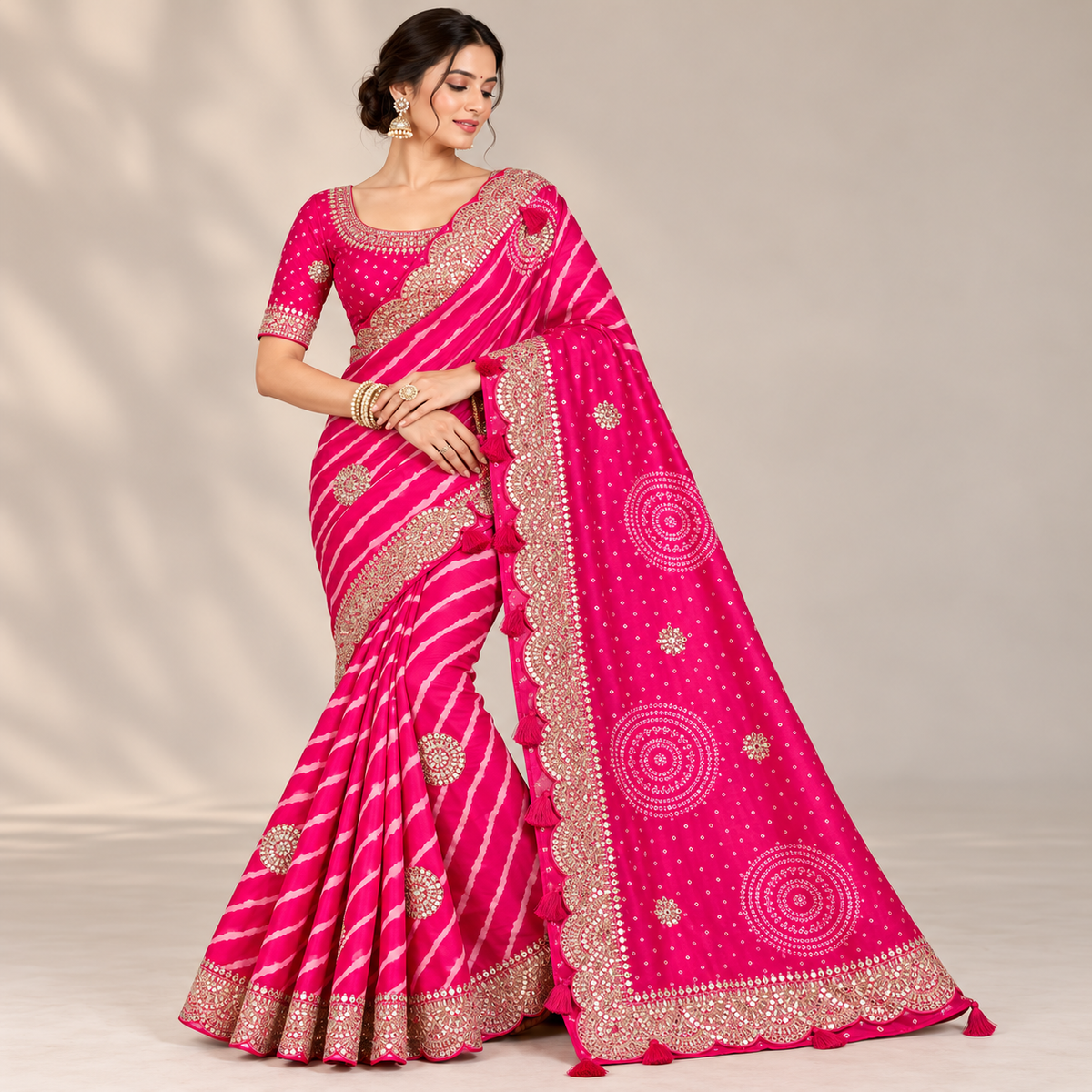 Rani Pink Soft Saree with Traditional Leheriya Print