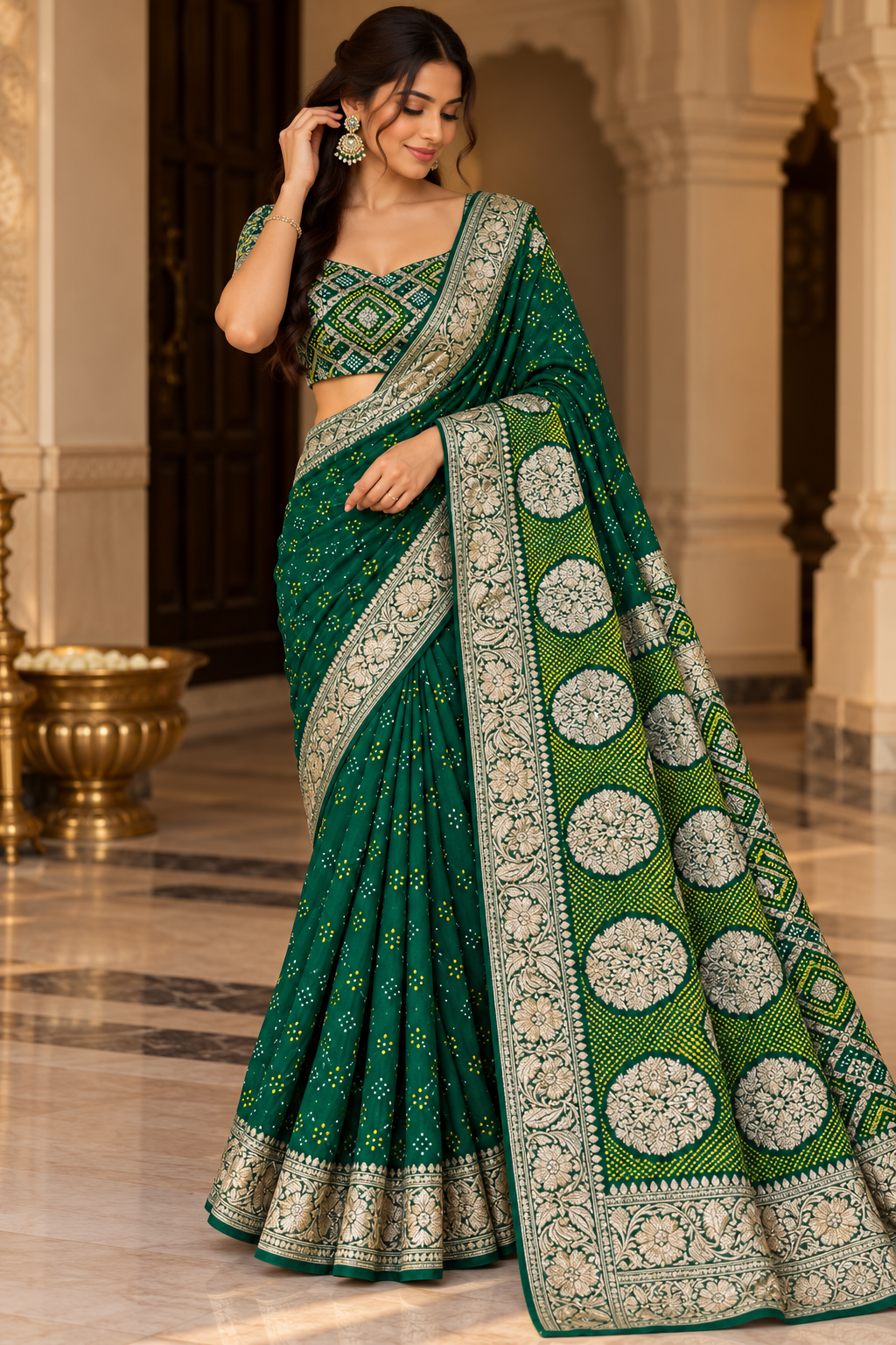 Green Printed Embroidered Saree
