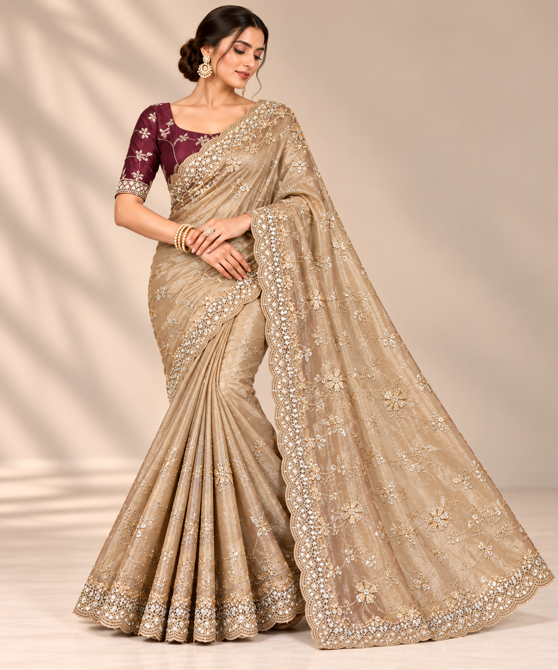 Elegant Champagne Gold Tissue Saree with Floral Embroidery