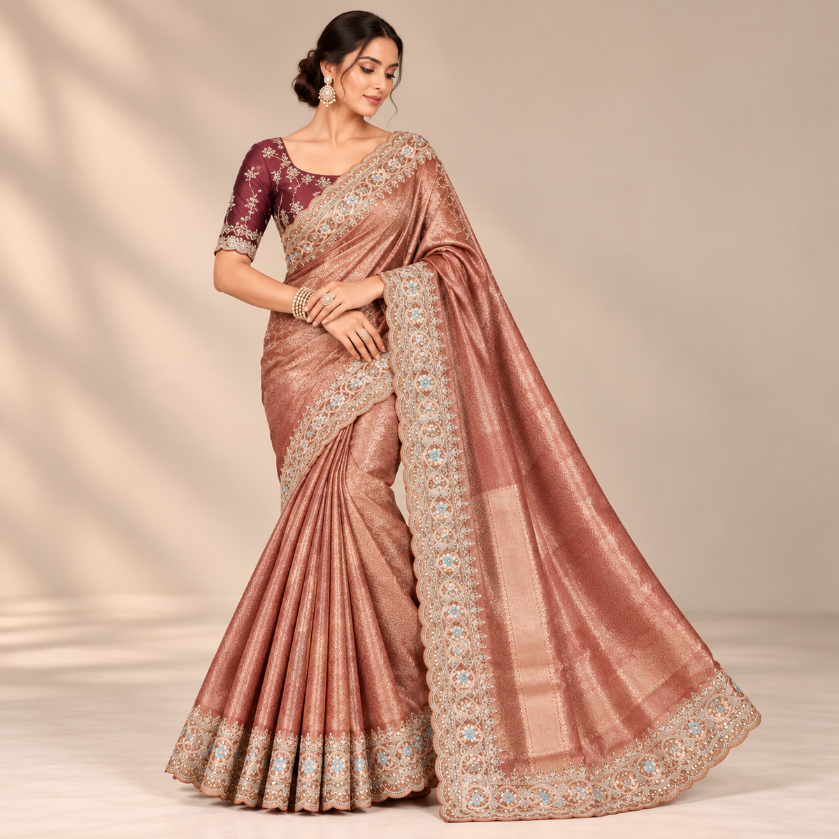 Rose Gold Silk Saree with Intricate Embroidery and Designer Scalloped Border