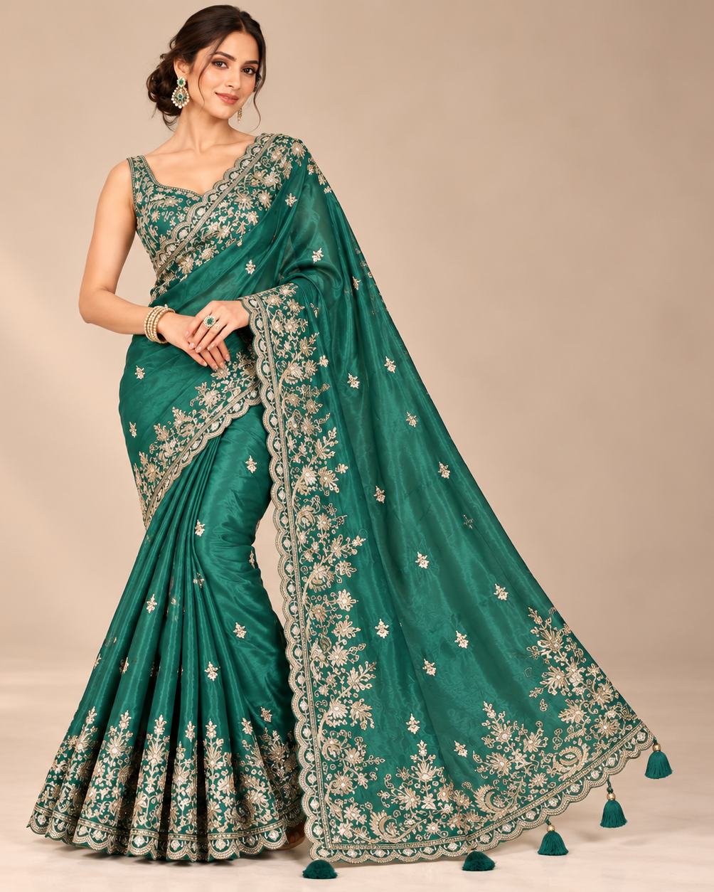 Green Soft Saree with Golden Floral Embroidery