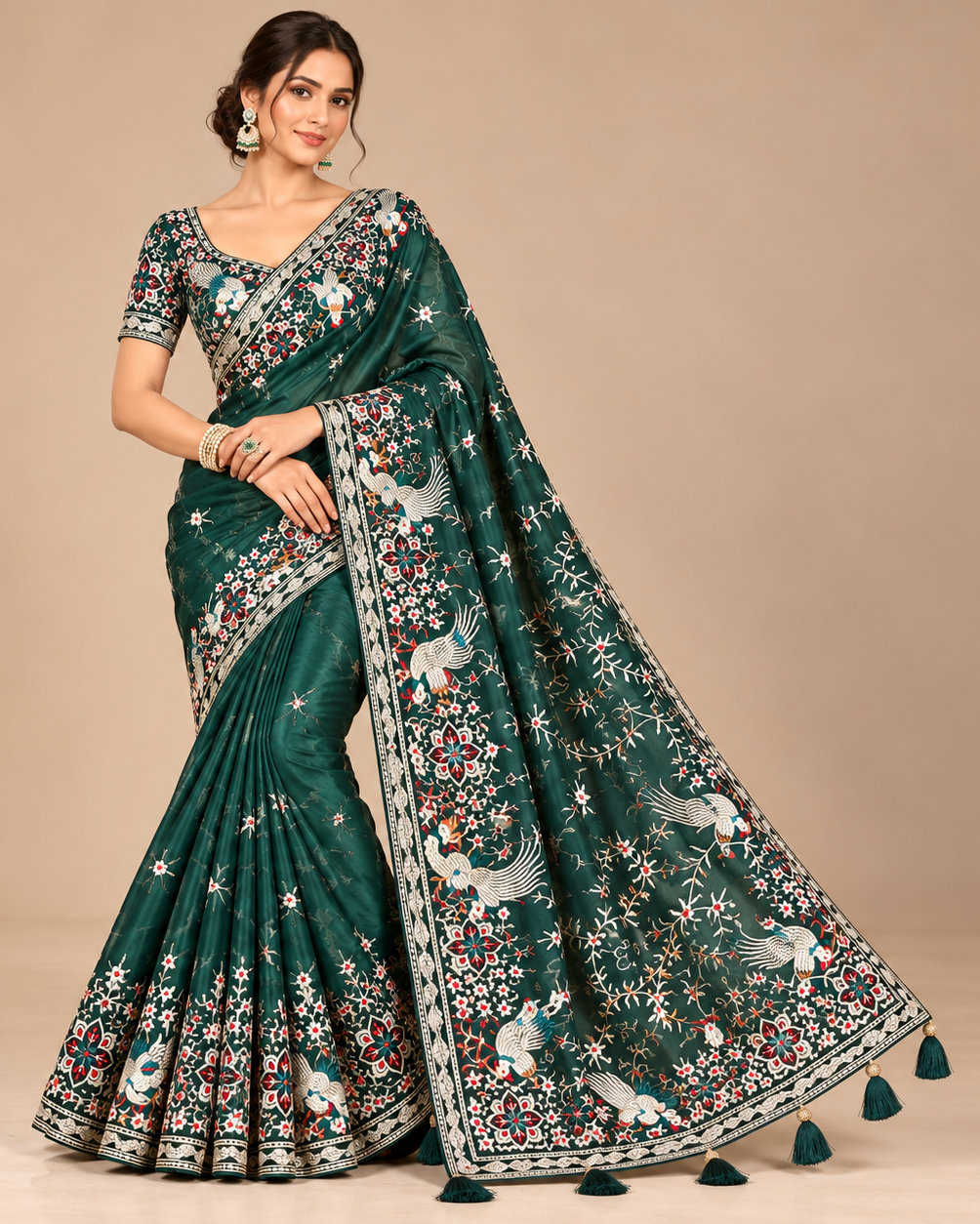 Dark Green Organza Saree with Multicoloured Floral and Bird Embroidery Main image