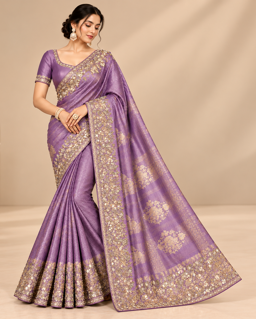 Elegant Lavender Soft Saree with Golden Floral Embroidery