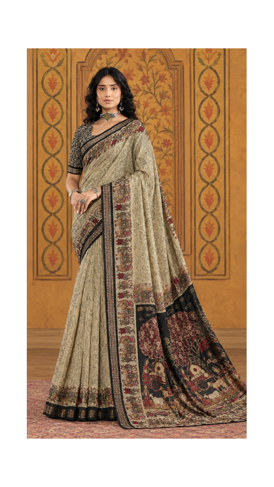Earthy Beige Kalamkari Art Print Saree with Intricate Figurine Pallu &amp; Dark Border