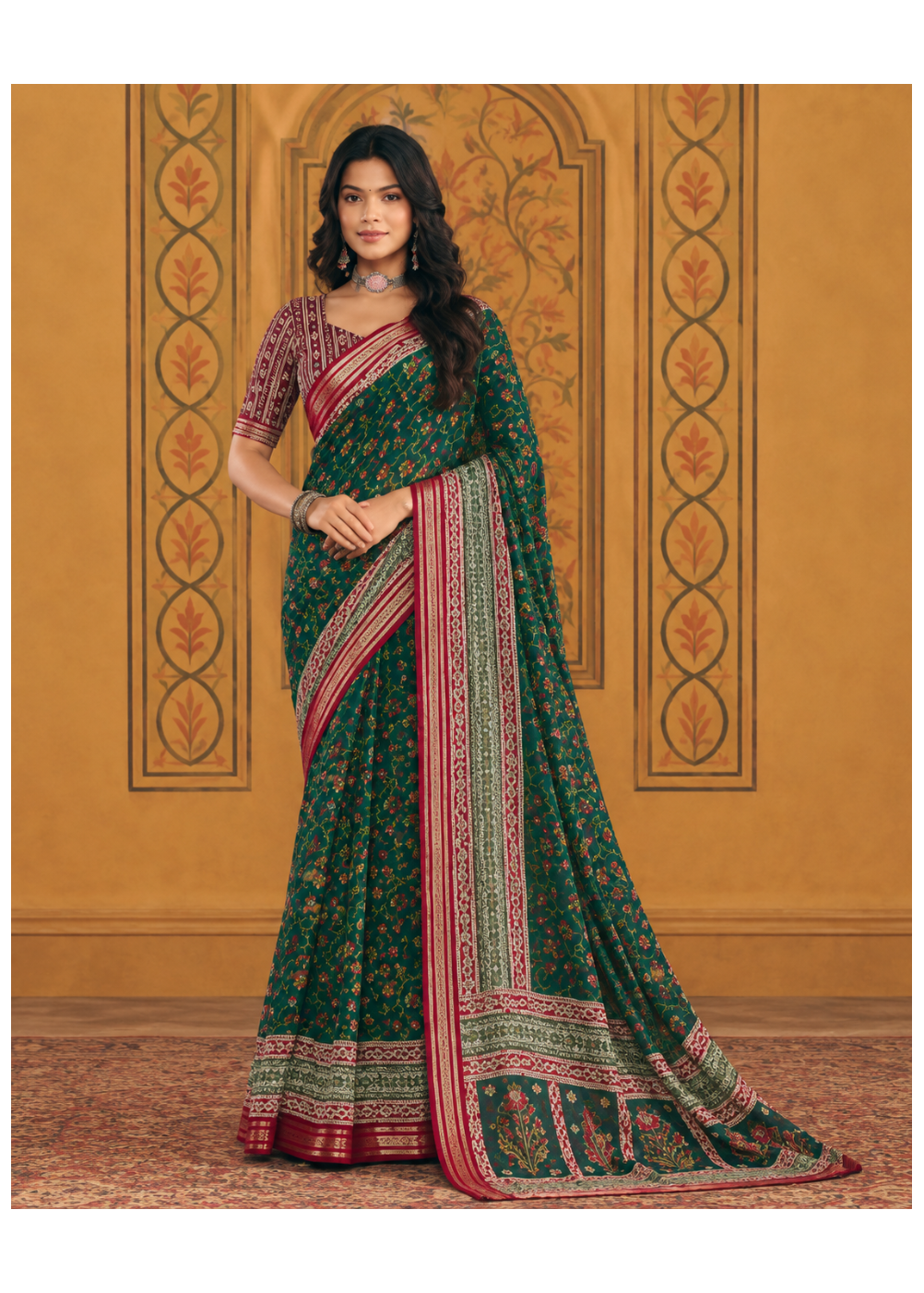 Bottle Green Floral Printed Saree with Contrast Red Striped Zari Border & Patterned Pallu